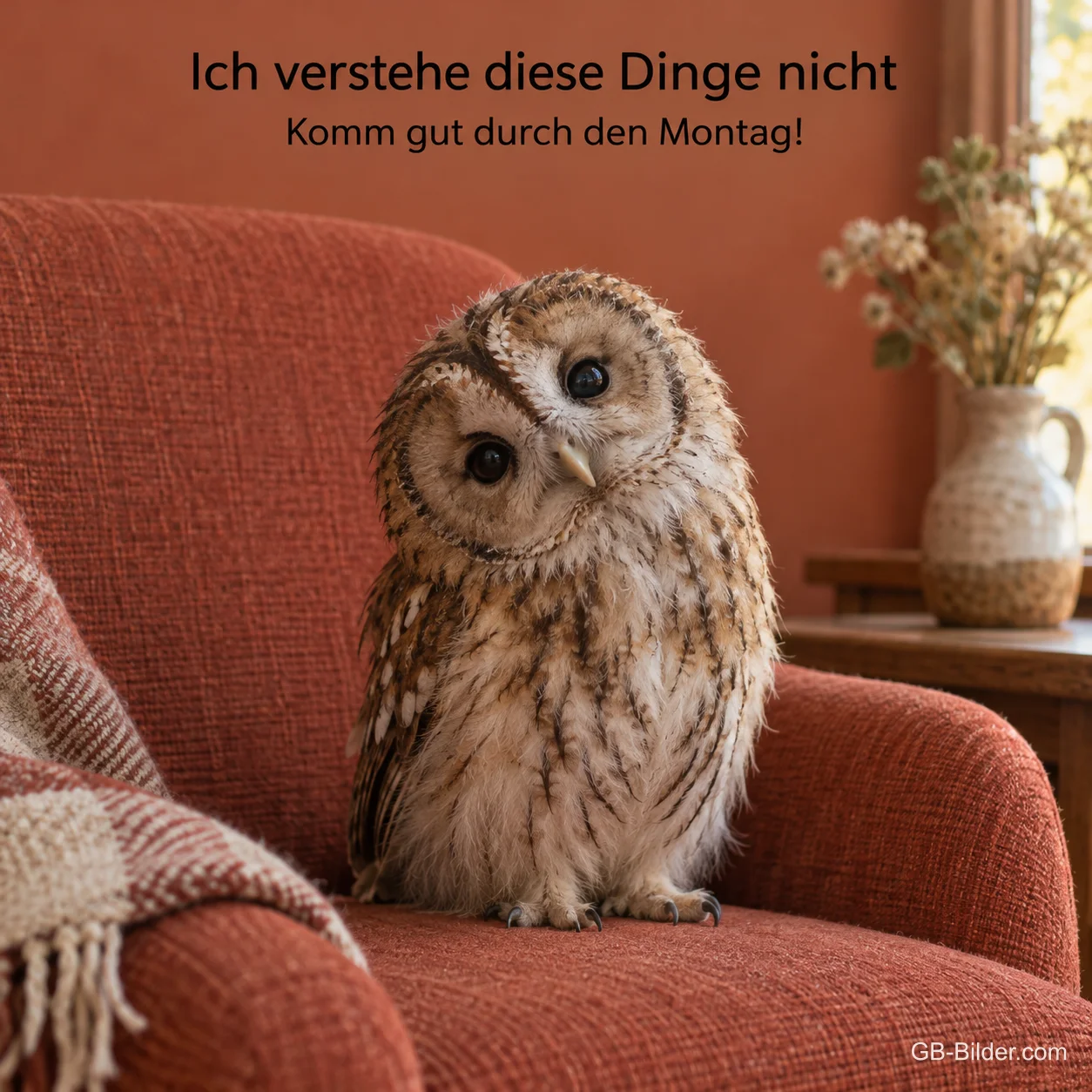 Waldkauz mit schiefem Kopf auf einem Sofa, Text: Ich verstehe diese Dinge nicht – Komm gut durch den Montag!