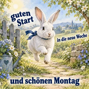 Hüpfender Hase, Text: guten Start in die neue Woche und schönen Montag