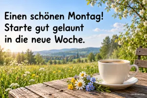 Kaffeetasse mit Wiesenblumen vor einer Sommerlandschaft, Text: Einen schönen Montag! Starte gut gelaunt in die neue Woche.