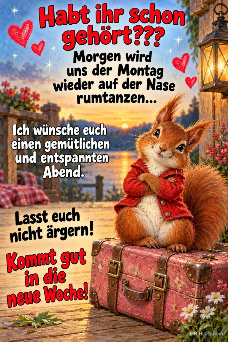 Eichhörnchen mit roter Jacke verschränkt die Arme auf einem Koffer, Text: Habt ihr schon gehört??? Morgen wird uns der Montag wieder auf der Nase rumtanzen... Ich wünsche euch einen gemütlichen und entspannten Abend. Lasst euch nicht ärgern! Kommt gut in die neue Woche!