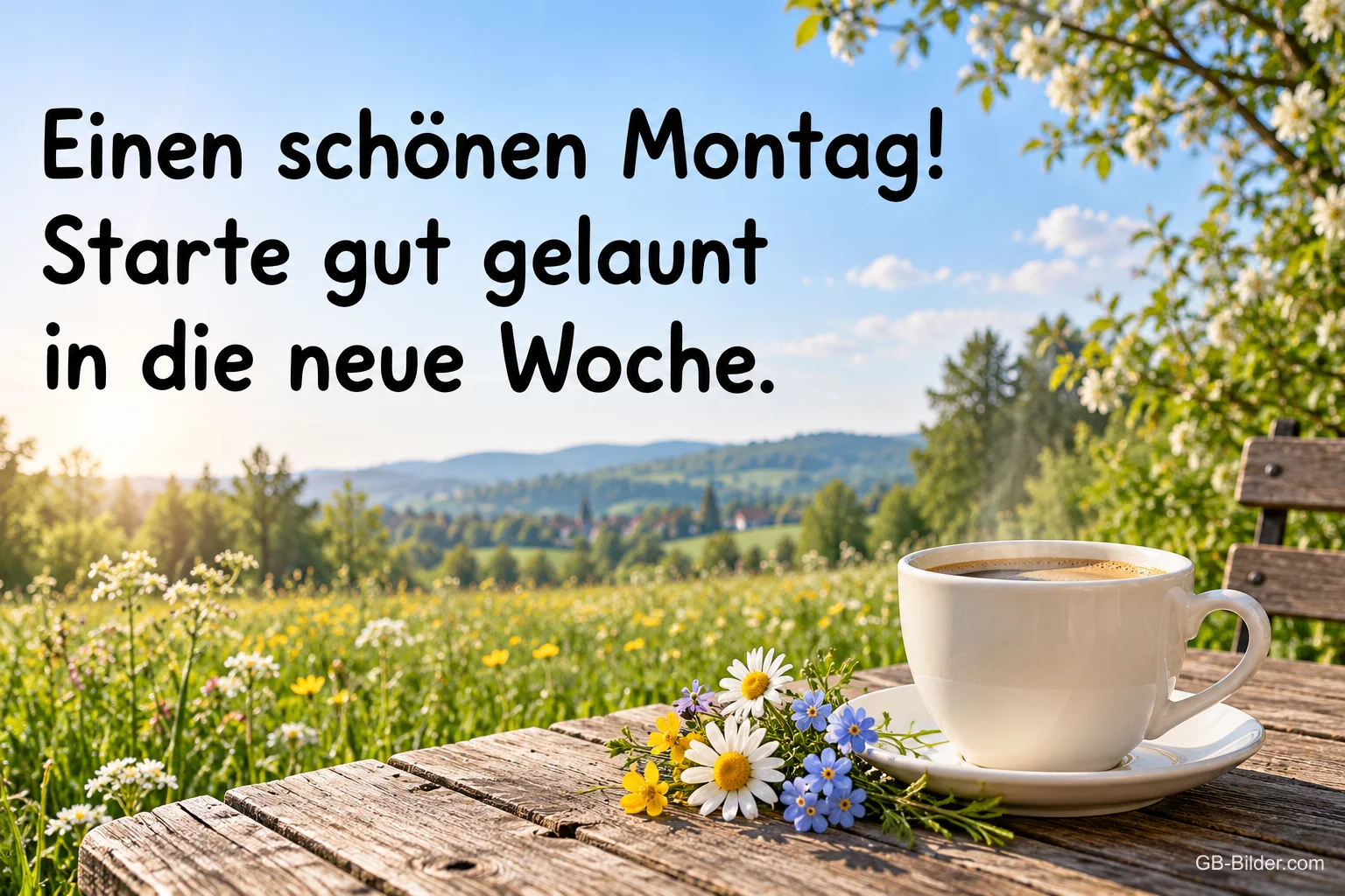 Kaffeetasse mit Wiesenblumen vor einer Sommerlandschaft, Text: Einen schönen Montag! Starte gut gelaunt in die neue Woche.