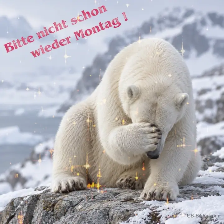 Eisbär mit Pfote vor den Augen, Text: Bitte nicht schon wieder Montag