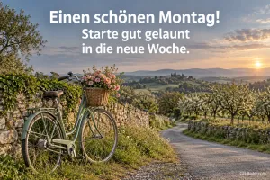 Fahrrad mit Blumenkorb, Text: Einen schönen Montag