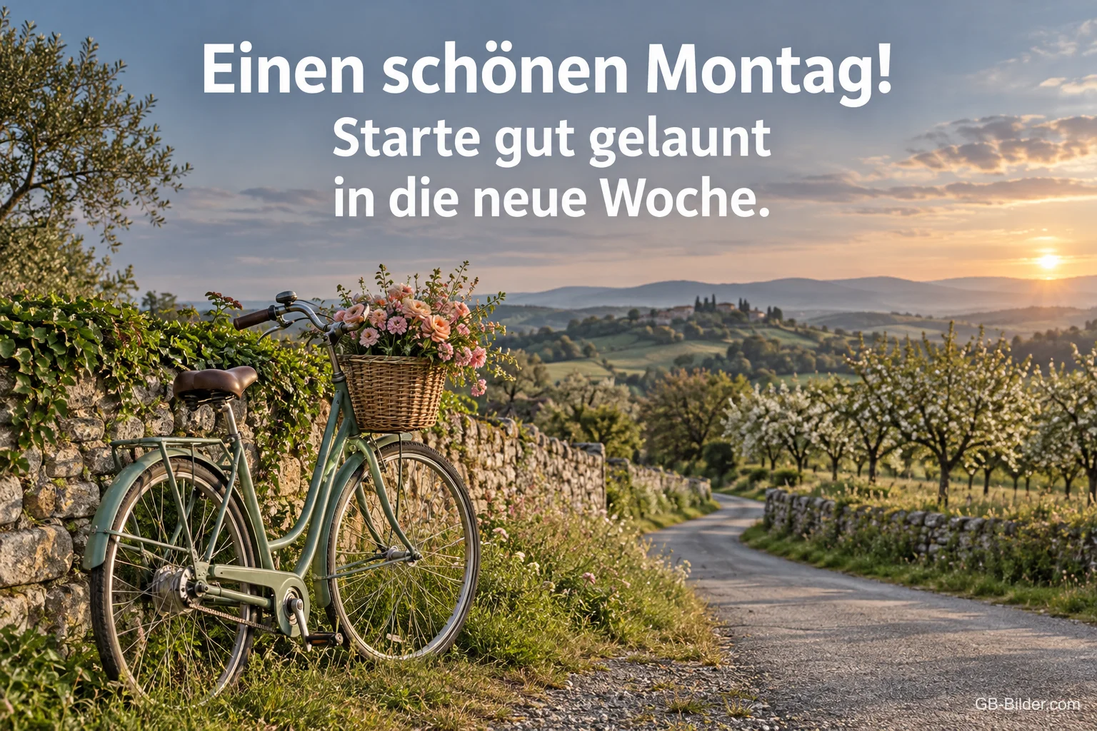 Fahrrad mit Blumenkorb, Text: Einen schönen Montag
