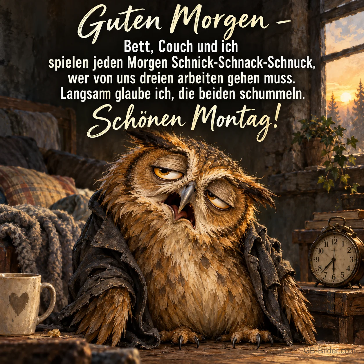 Müde Eule im Bademantel sitzt neben Wecker und Kaffeetasse, Text: Guten Morgen – Bett, Couch und ich spielen jeden Morgen Schnick-Schnack-Schnuck, wer von uns dreien arbeiten gehen muss. Langsam glaube ich, die beiden schummeln. Schönen Montag!