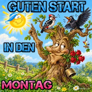 Lustiger Baum mit Rosen im Mund, auf den Ästen Specht und Krähe, Text: Guten Start in den Montag
