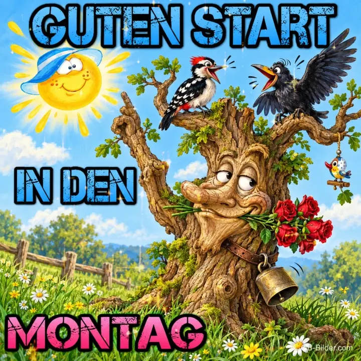 Lustiger Baum mit Rosen im Mund, auf den Ästen Specht und Krähe, Text: Guten Start in den Montag