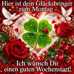 Vierblättriges Kleeblatt mit Marienkäfer zwischen roten Rosen und Tauben, Text: Hier ist dein Glücksbringer zum Montag – Ich wünsch Dir einen guten Wochenstart!