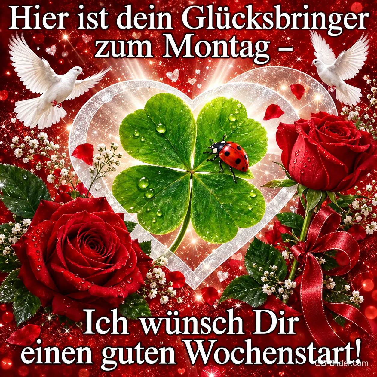 Vierblättriges Kleeblatt mit Marienkäfer zwischen roten Rosen und Tauben, Text: Hier ist dein Glücksbringer zum Montag – Ich wünsch Dir einen guten Wochenstart!