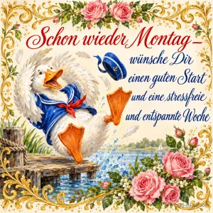 Ente im Matrosenanzug fällt rückwärts vom Steg, Text: Schon wieder Montag – wünsche Dir einen guten Start und eine stressfreie und entspannte Woche
