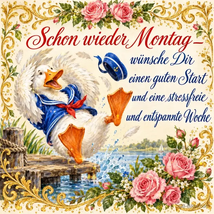 Ente im Matrosenanzug fällt rückwärts vom Steg, Text: Schon wieder Montag – wünsche Dir einen guten Start und eine stressfreie und entspannte Woche