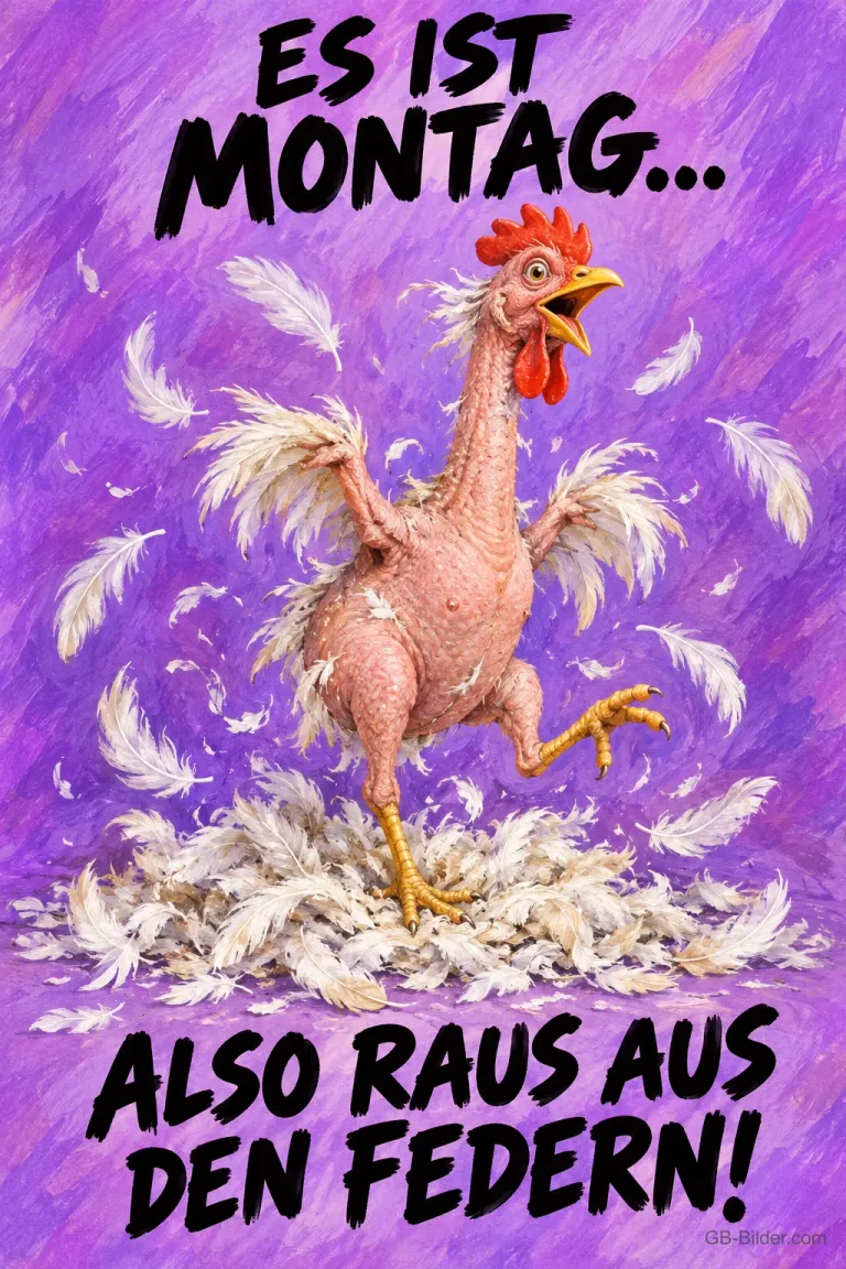 Gerupftes Huhn rennt zwischen fliegenden Federn, Text: ES IST MONTAG... ALSO RAUS AUS DEN FEDERN!