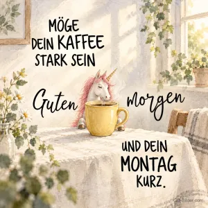 Einhorn in der Kaffeetasse, Text: Möge dein Kaffee stark sein und dein Montag kurz