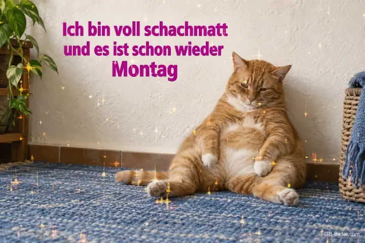 Dicke rote Katze sitzt erschöpft an die Wand gelehnt, Text: Ich bin voll schachmatt und es ist schon wieder Montag