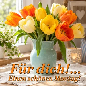 Orange und gelbe Tulpen in einer hellblauen Vase am Fenster, Text: Für dich!… Einen schönen Montag!