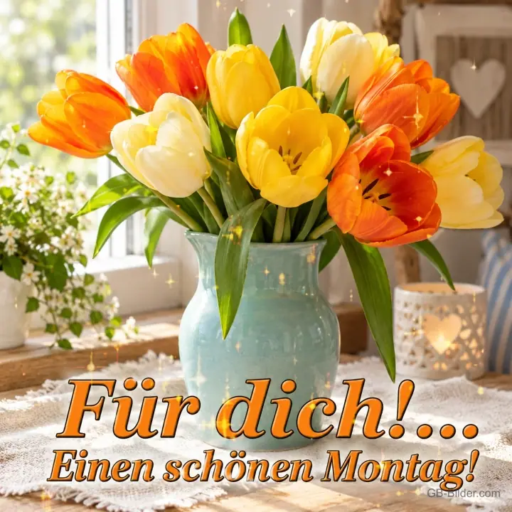 Orange und gelbe Tulpen in einer hellblauen Vase am Fenster, Text: Für dich!… Einen schönen Montag!