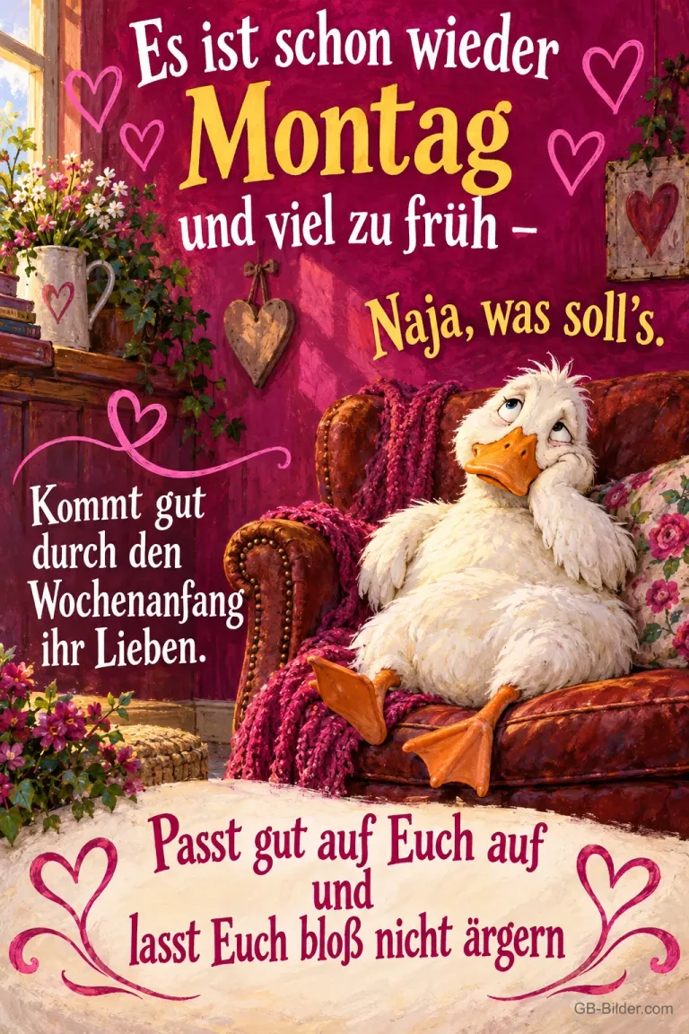 Ente lehnt müde im Sessel und stützt den Kopf, Text: Es ist schon wieder Montag und viel zu früh – Naja, was soll's. Kommt gut durch den Wochenanfang ihr Lieben. Passt gut auf Euch auf und lasst Euch bloß nicht ärgern