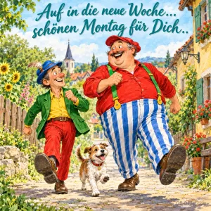 Zwei fröhliche Männer und ein Hund laufen durch eine Dorfgasse, Text: Auf in die neue Woche… schönen Montag für Dich..