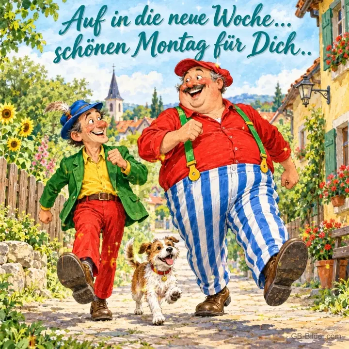 Zwei fröhliche Männer und ein Hund laufen durch eine Dorfgasse, Text: Auf in die neue Woche… schönen Montag für Dich..