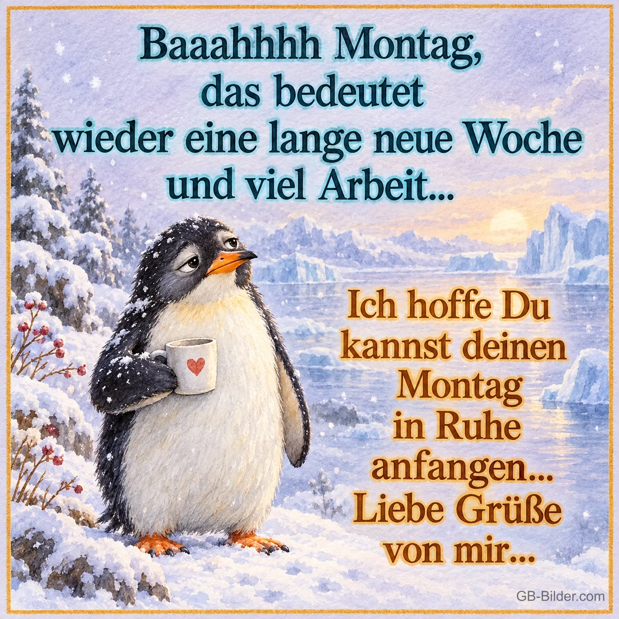 Pinguin mit Tasse, Text: Baaahhhh Montag, das bedeutet wieder eine lange neue Woche und viel Ar Pinguin mit Tasse, Text: Baaahhhh Montag, das bedeutet wieder eine lange neue Woche und viel Ar