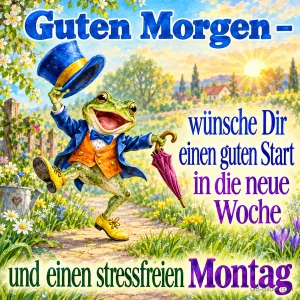 Frosch im Frack lüftet den Zylinder und tanzt, Text: Guten Morgen – wünsche Dir einen guten Start in die neue Woche und einen stressfreien Montag