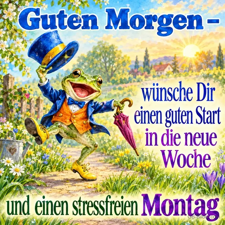 Frosch im Frack lüftet den Zylinder und tanzt, Text: Guten Morgen – wünsche Dir einen guten Start in die neue Woche und einen stressfreien Montag