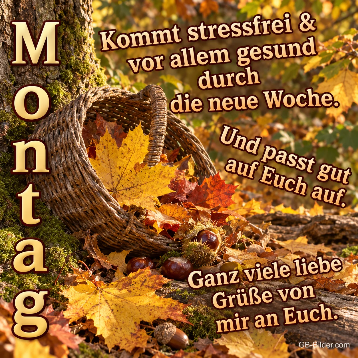 Korb mit Kastanien im Herbstlaub, Text: Montag