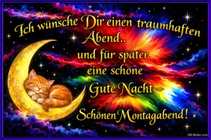 Kätzchen schläft auf einer Mondsichel vor buntem Himmel, Text: Ich wünsche Dir einen traumhaften Abend.. und für später eine schöne Gute Nacht – Schönen Montagabend!