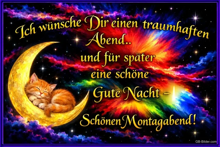 Kätzchen schläft auf einer Mondsichel vor buntem Himmel, Text: Ich wünsche Dir einen traumhaften Abend.. und für später eine schöne Gute Nacht – Schönen Montagabend!