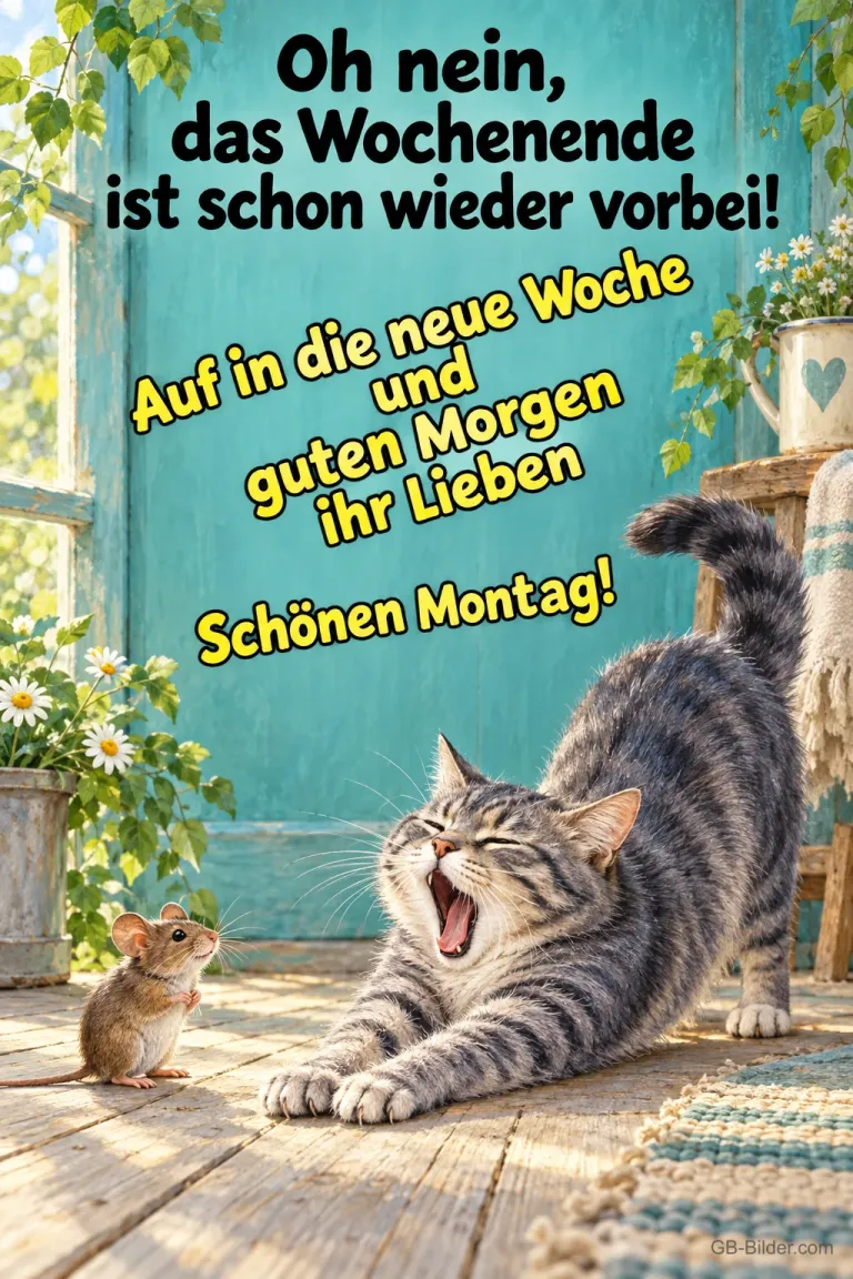 Gähnende Katze und Maus, Text: Oh nein, das Wochenende ist schon wieder vorbei