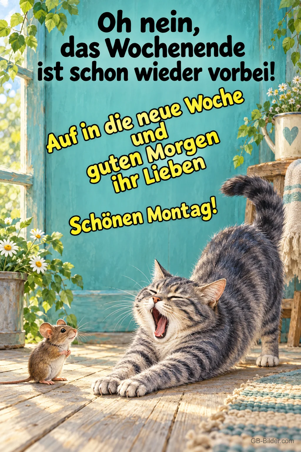 Gähnende Katze und Maus, Text: Oh nein, das Wochenende ist schon wieder vorbei Gähnende Katze und Maus, Text: Oh nein, das Wochenende ist schon wieder vorbei