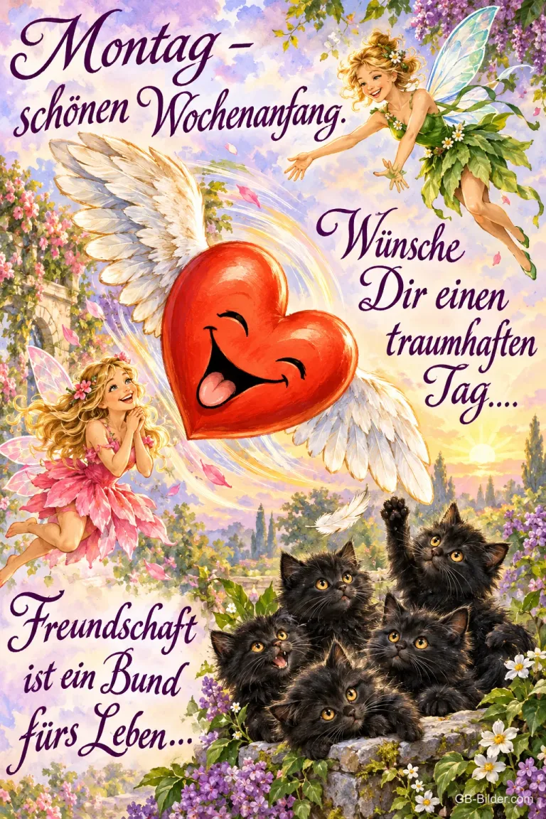 Lachendes Herz mit Flügeln, zwei Elfen und schwarze Kätzchen in Blumen, Text: Montag – schönen Wochenanfang. Wünsche Dir einen traumhaften Tag…. Freundschaft ist ein Bund fürs Leben…