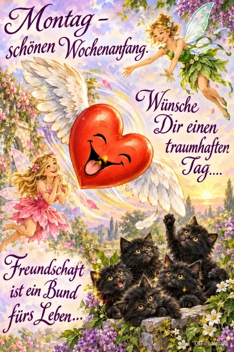 Lachendes Herz mit Flügeln, zwei Elfen und schwarze Kätzchen in Blumen, Text: Montag – schönen Wochenanfang. Wünsche Dir einen traumhaften Tag…. Freundschaft ist ein Bund fürs Leben…