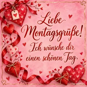 Rote Herzen und Schleifen auf rosa Grund, Text: Liebe Montagsgrüße! Ich wünsche dir einen schönen Tag