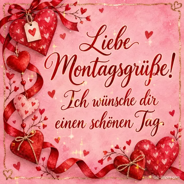 Rote Herzen und Schleifen auf rosa Grund, Text: Liebe Montagsgrüße! Ich wünsche dir einen schönen Tag