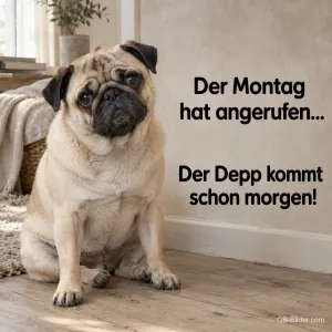 Mops auf dem Boden, lustiger Spruch, Text: Der Montag hat angerufen