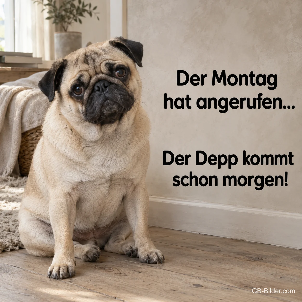 Mops auf dem Boden, lustiger Spruch, Text: Der Montag hat angerufen