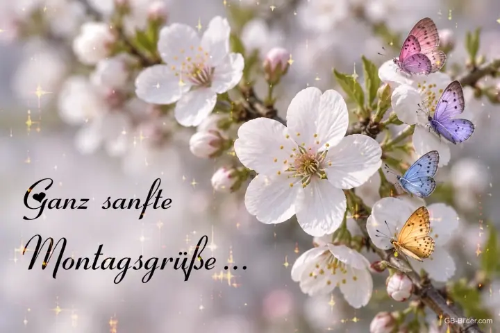 Weiße Kirschblüten mit bunten Schmetterlingen, Text: Ganz sanfte Montagsgrüße …