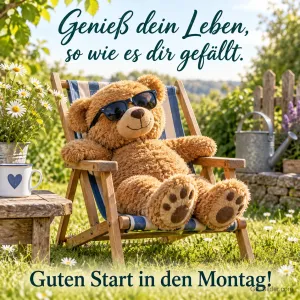 Teddybär mit Sonnenbrille im Liegestuhl im Garten, Text: Genieß dein Leben, so wie es dir gefällt. Guten Start in den Montag!