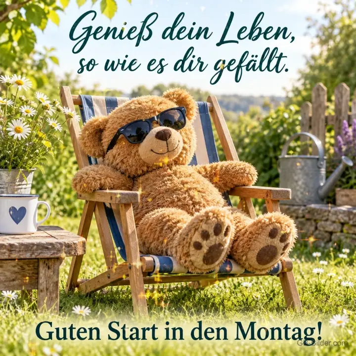 Teddybär mit Sonnenbrille im Liegestuhl im Garten, Text: Genieß dein Leben, so wie es dir gefällt. Guten Start in den Montag! Teddybär mit Sonnenbrille im Liegestuhl im Garten, Text: Genieß dein Leben, so wie es dir gefällt. Guten Start in den Montag!