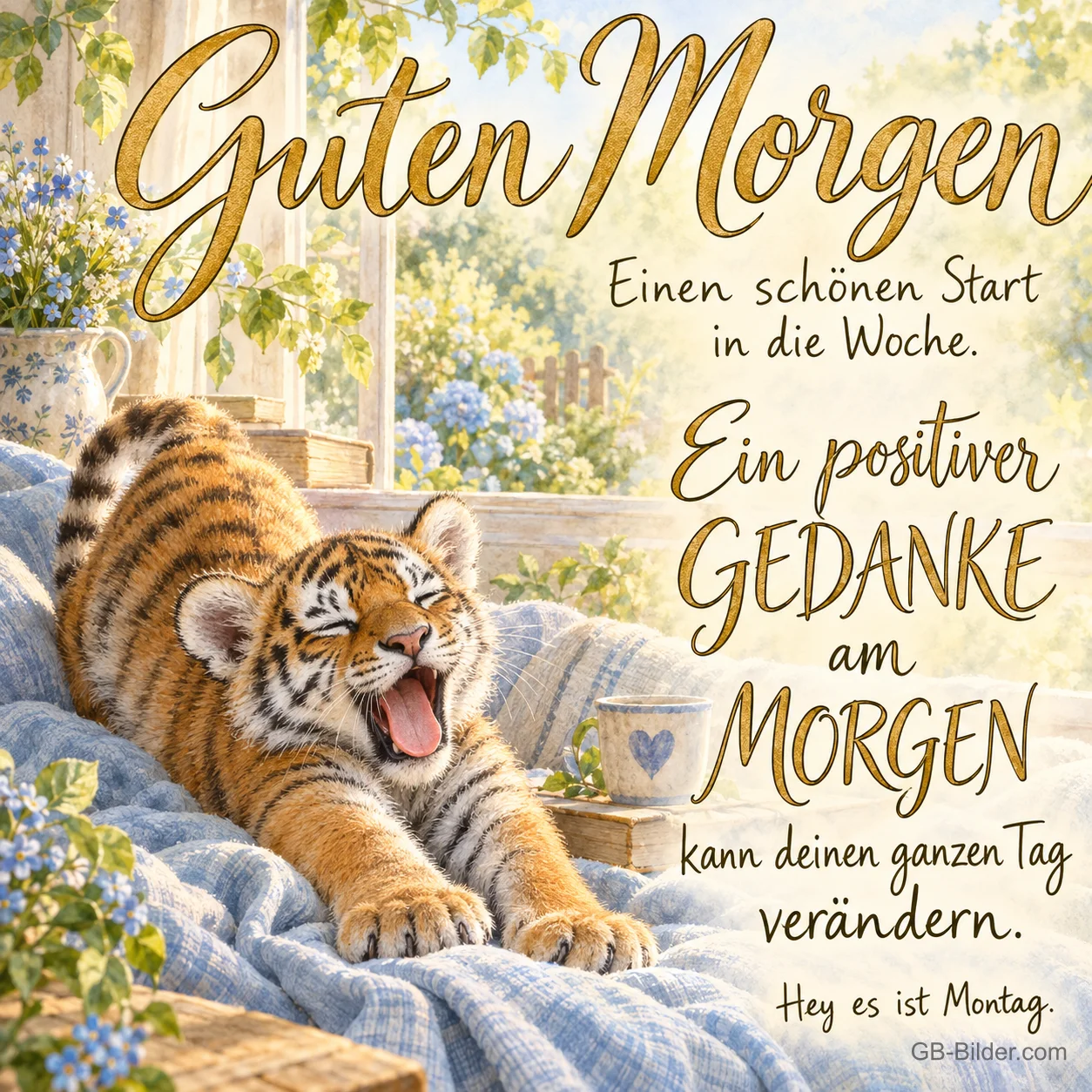 Gähnendes Tigerjunges, Text: Guten Morgen