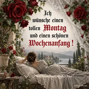 Frau ruht auf einer Terrasse mit roten Rosen und Seeblick, Text: Ich wünsche einen tollen Montag und einen schönen Wochenanfang!