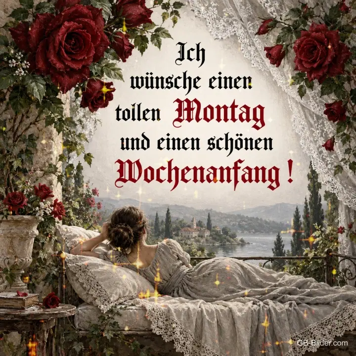 Frau ruht auf einer Terrasse mit roten Rosen und Seeblick, Text: Ich wünsche einen tollen Montag und einen schönen Wochenanfang!