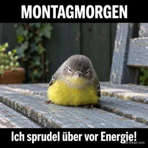 Grimmiger Vogel, lustiger Spruch, Text: MONTAGMORGEN