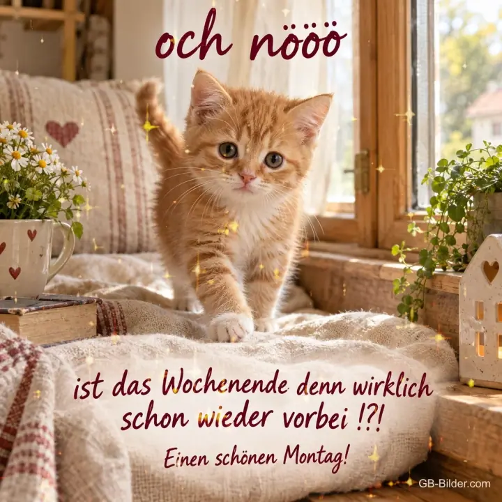 Rotes Kätzchen steht auf einer Decke am Fenster, Text: och nööö – ist das Wochenende denn wirklich schon wieder vorbei !?! Einen schönen Montag!