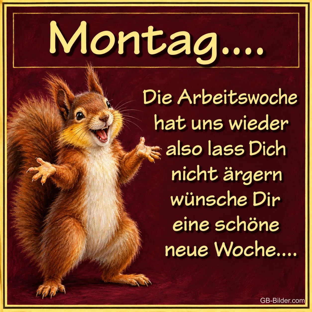 Eichhörnchen breitet fröhlich die Arme aus, Text: Montag.... Die Arbeitswoche hat uns wieder also lass Dich nicht ärgern wünsche Dir eine schöne neue Woche....