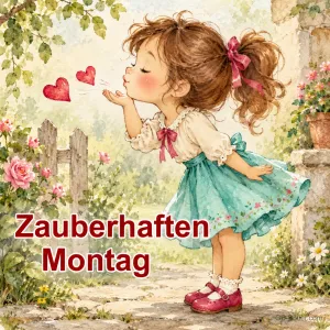 Mädchen wirft Herzchen-Küsse im Garten, Text: Zauberhaften Montag