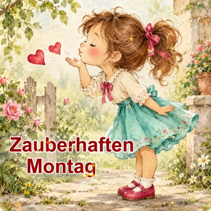 Mädchen wirft Herzchen-Küsse im Garten, Text: Zauberhaften Montag