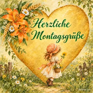 Mädchen mit Blumenkorb vor einem goldenen Blütenherz, Text: Herzliche Montagsgrüße