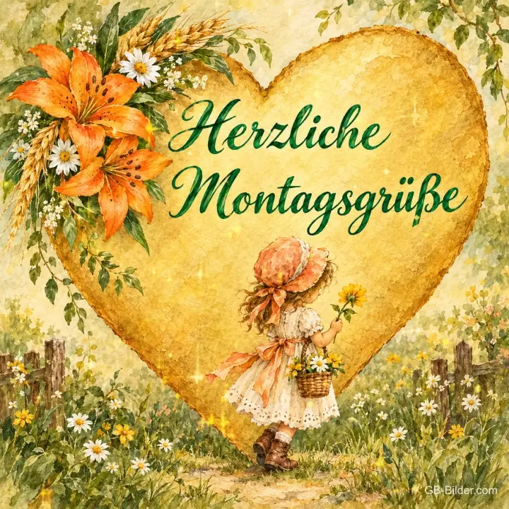 Mädchen mit Blumenkorb vor einem goldenen Blütenherz, Text: Herzliche Montagsgrüße